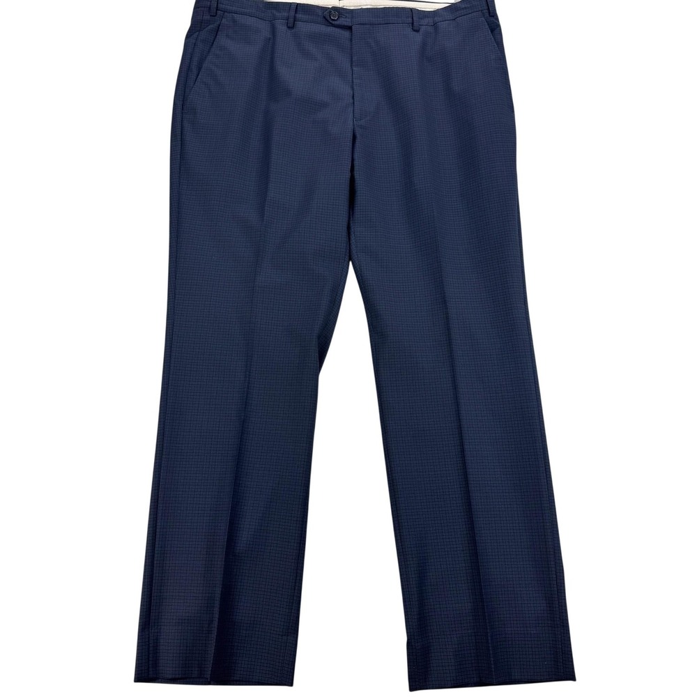 Santorelli Romeo Dress Pants Mens 42x33 Blue Check Wool Flat Front Classic Italy